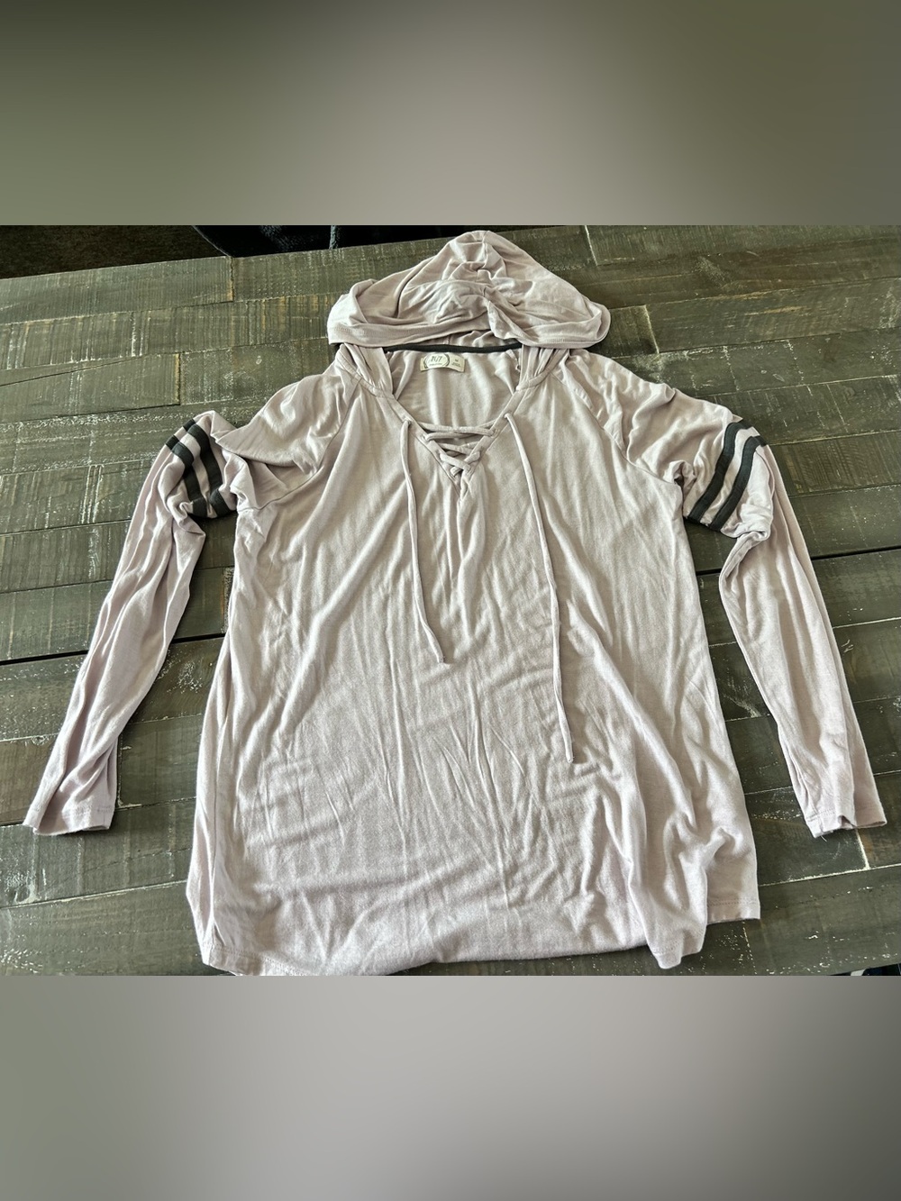 Maurices Lace-Up Hooded Top in Light Mauve with Striped Sleeves